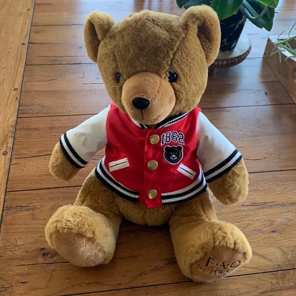 FAO Schwarz Original Brown Plush Teddy Bear with 1862 Varsity Jacket 12" Tall - Picture 1 of 6